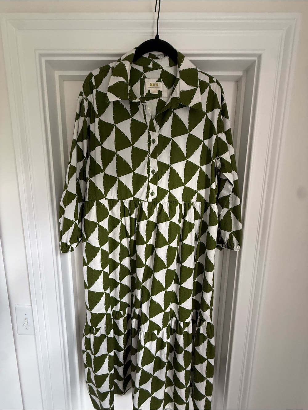 Anthropologie Maeve Olive Green and White Geometric Button Shirt - Picture 1 of 4